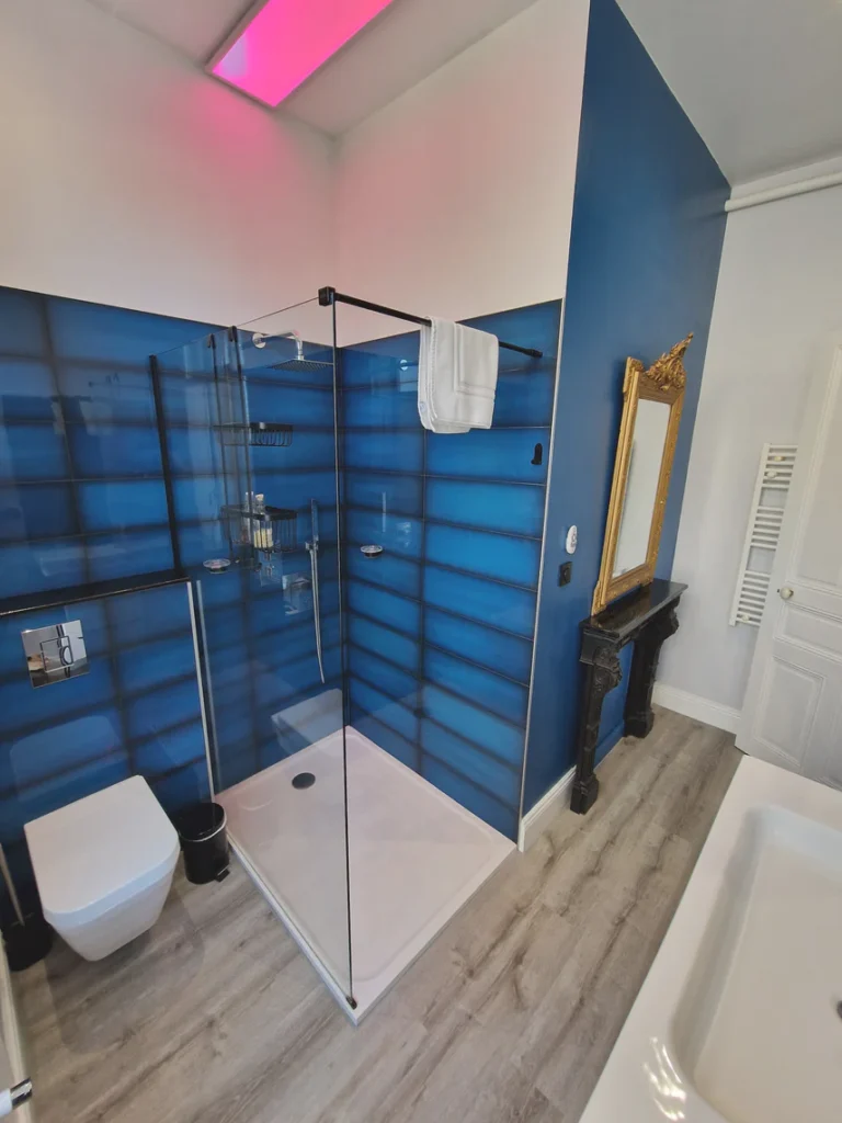 La chambre bleue dispose d'une salle de bains privative avec douche à l'italienne et WC suspendu.
